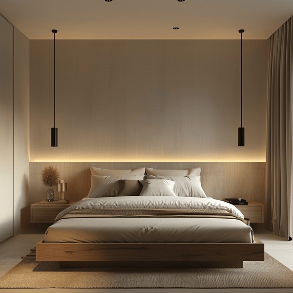 platform bed, wooden bed frame, modern bed, bedroom furniture, king bed frame, brand awareness, minimalist, lifestyle, calm, luxurious, neutral